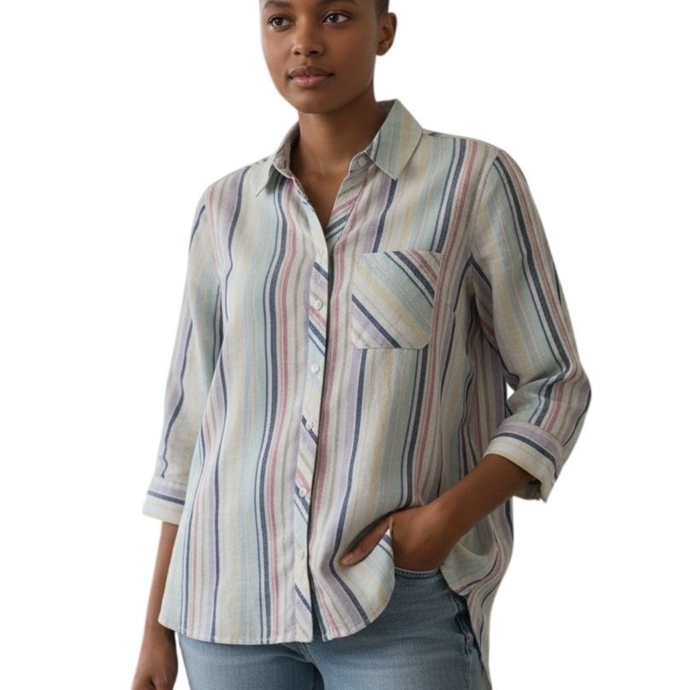 Chicos Womens Size 1 Sm US 8 No Iron Linen 3/4 Sleeve Multicolor Stripe Shirt